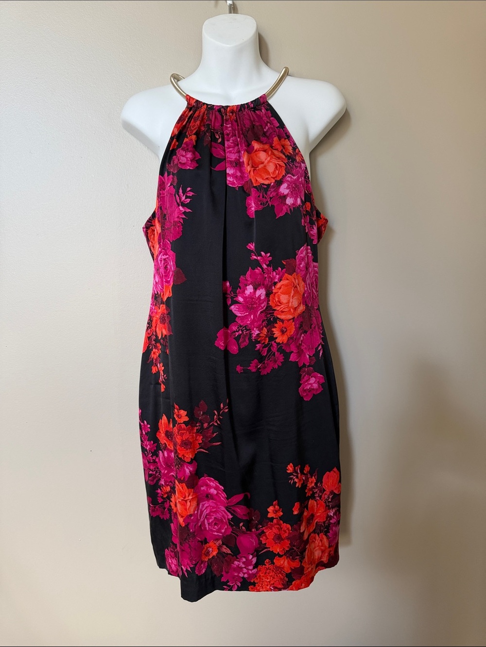 Cache Black Halter Mini Dress with Pink and Orange Floral Print